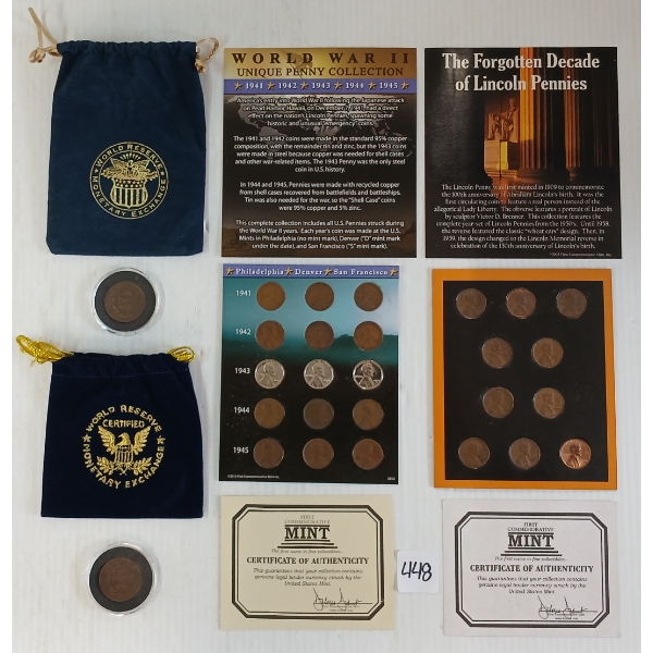 LOT OF 4 - 1848 & 1850 U.S. 1 CENT COINS & FCM WWII UNIQUE PENNIES & FORGOTTEN DECADE OF LINCOLN SET