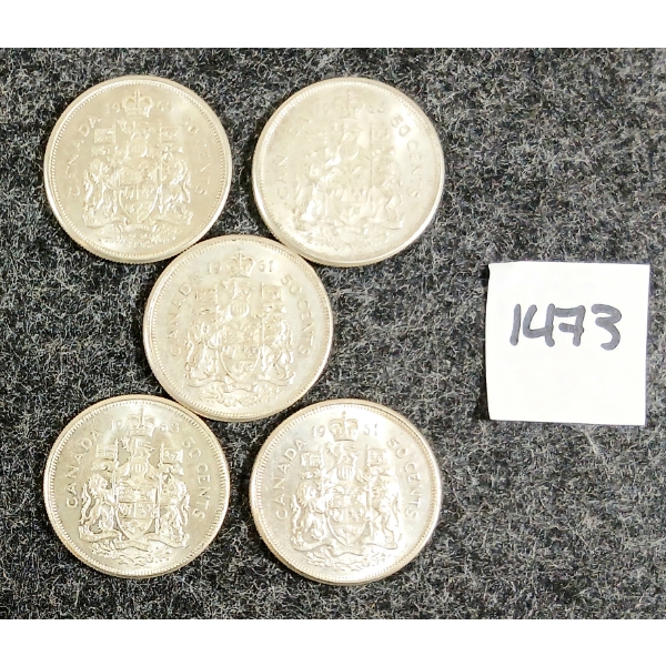 LOT OF 5 - 1960-1963 CDN 50 CENT SILVER COINS 