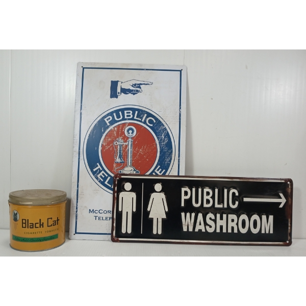 LOT OF 3 - BLACK CAT TOBACCO TIN, PUBLIC TELEPHONE & PUBLIC WASHROOM - SST SIGNS