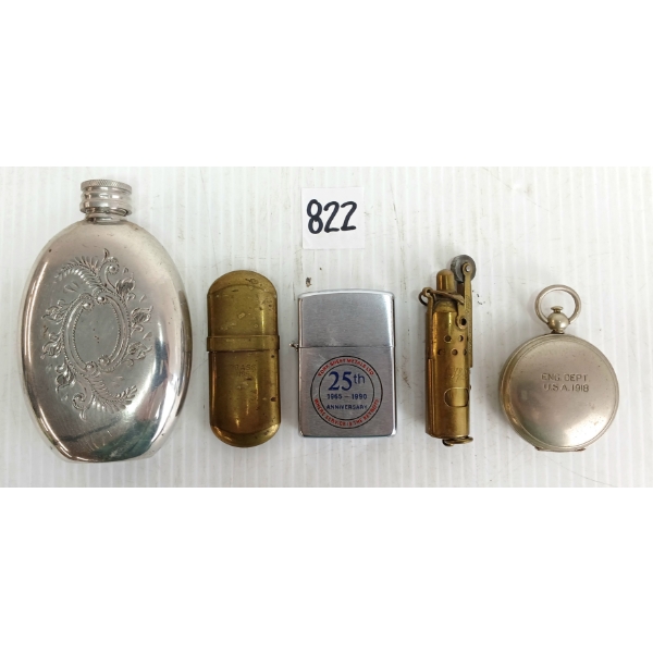 LOT OF 5 - 1918 USANITE COMPASS, ANTIQUE LIGHTERS & EDWIN BLYDE FLASK