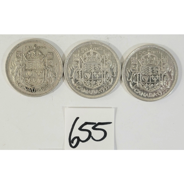LOT OF 3 - 1955 CDN 50 CENT SILVER COINS