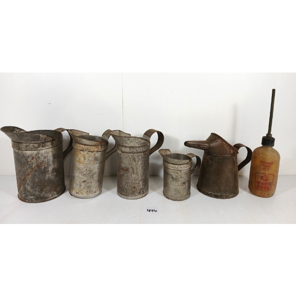 LOT OF 6 - OIL MEASURING CANS & WHITE ROSE BOTTLE