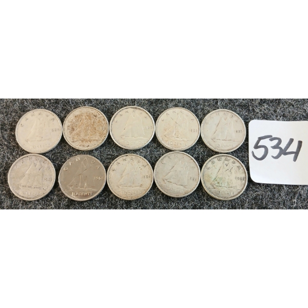 LOT OF 10 - 1957-1968 CDN 10 CENT COINS