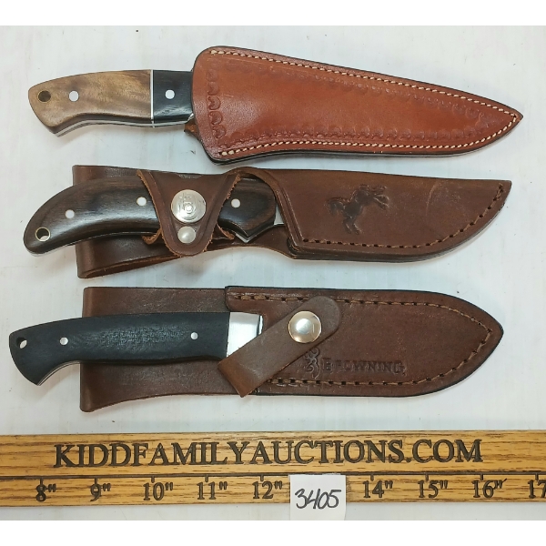 LOT OF 3 - KNIVES W/ LEATHER SHEATHS