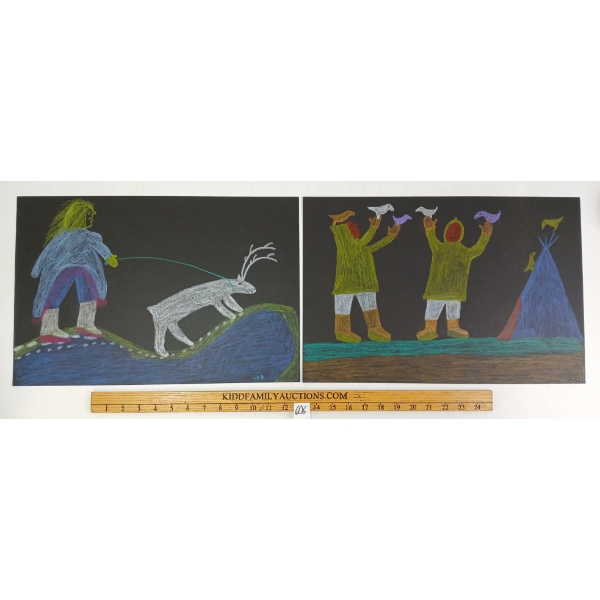 LOT OF 2 - "INUKS W/ BIRDS AT CAMP" & "PET CARIBOU" BY MARY AYAQ ANOWTALIK