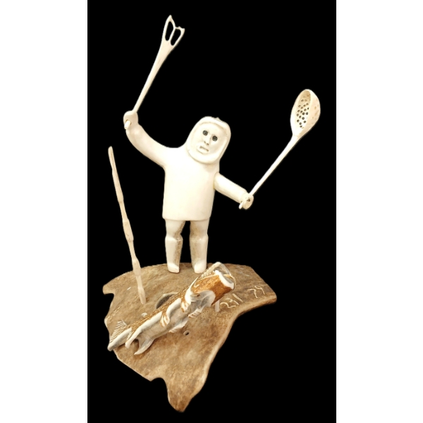 FISHERMAN & ARCTIC CHAR - SIGNED - ANTLER & WOOD