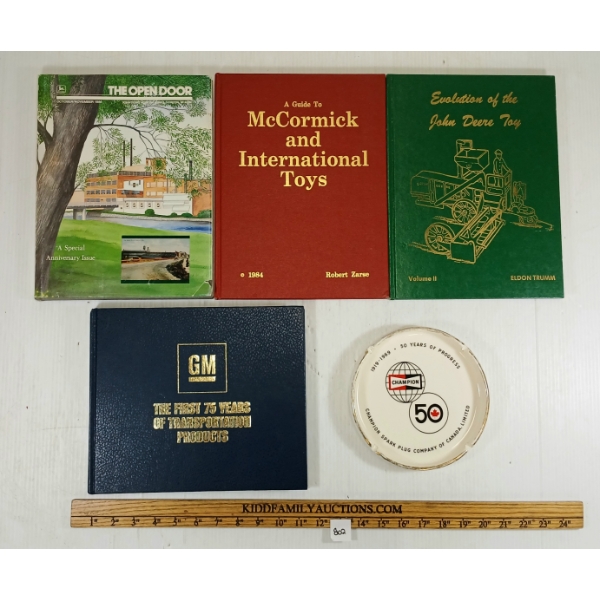 LOT OF 5 - CHAMPION SPARK PLUG ASHTRAY, JOHN DEERE TOY, MCCORMICK & INTERNATIONAL TOYS PUBLICATIONS 