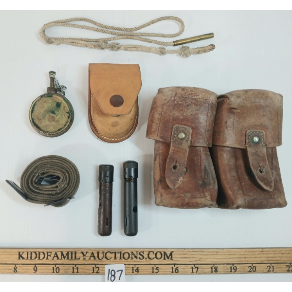 LOT OF 6 - SKS CLEANING TOOLS, BRASS OILER, WEB GEAR STRAP, DUAL MAG POUCH & PULL THROUGH