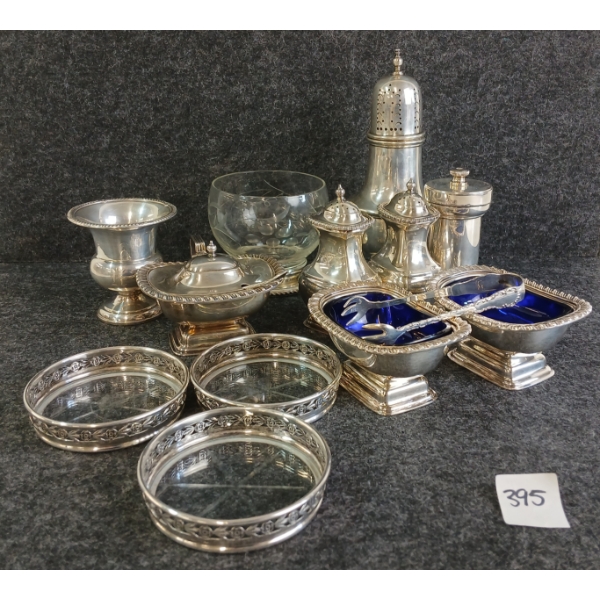 LOT OF 17 - STERLING SILVER SERVING WARE - INCL SHAKERS, COASTERS, TONGS, ETC