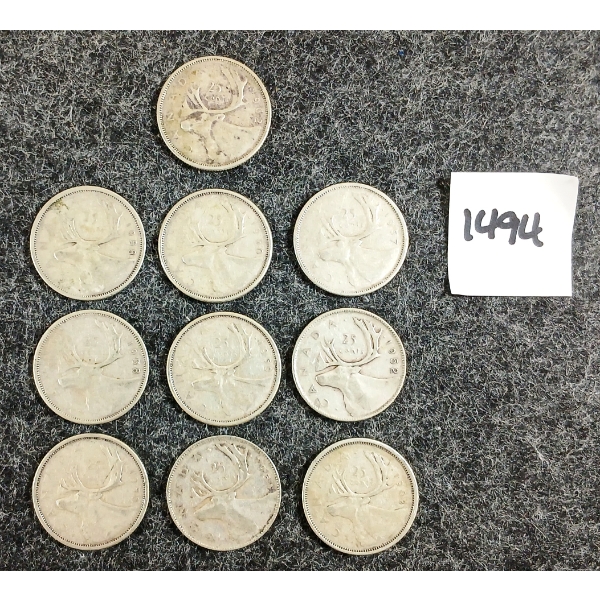 LOT OF 10 - 1951-1963 CDN 25 CENT SILVER COINS