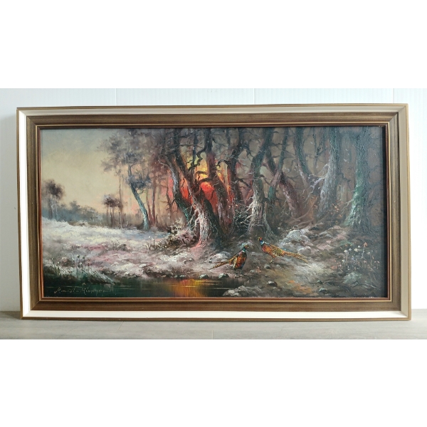 PAIR OF PHEASANTS IN SUNSET - SIGNED - FRAMED OIL ON CANVAS