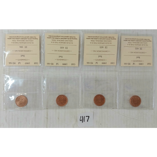 LOT OF 4 - 1997 & 1999 CDN 1 CENT COINS - ICCS GRADED