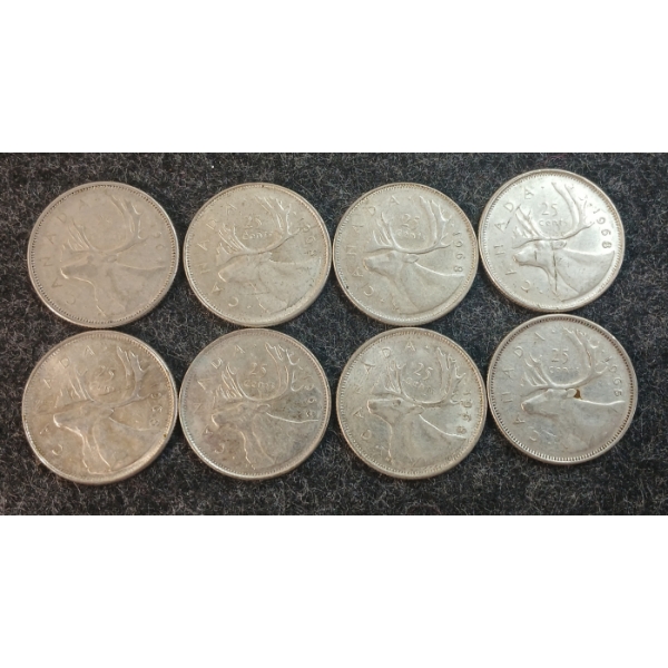 LOT OF 8 - 1964-1968 CDN 25 CENT COINS