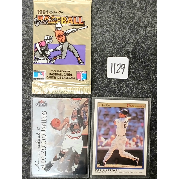 LOT OF 3 - 1991 PREMIER BASEBALL PACK, #77 MATTINGLY YANKEES PREMIER & #143 MOURNING BASKETBALL