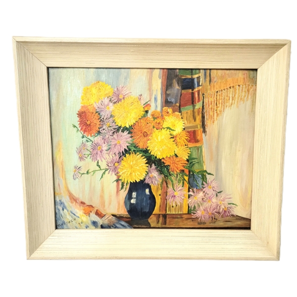 FLORAL STILL LIFE BY P. HAYDEN - FRAMED OIL ON CANVAS BOARD
