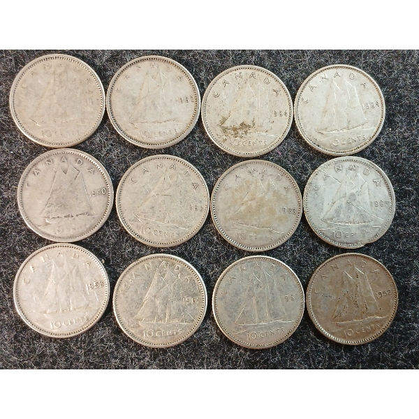 LOT OF 12 - 1940-1965 CDN 10 CENT COINS