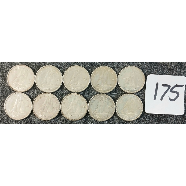 LOT OF 10 - 1968 CDN 10 CENT COINS