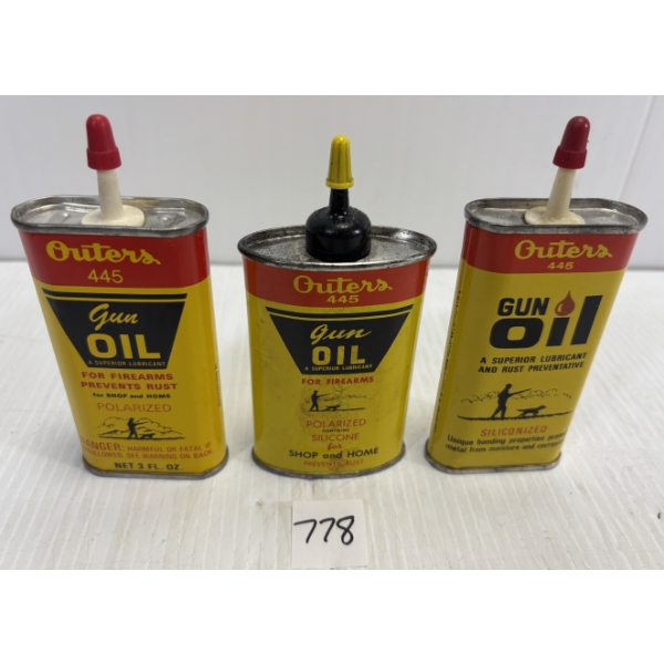 LOT OF 3 - OUTERS 3 OZ COLLECTIBLE OILER TINS - SOME CONTENTS