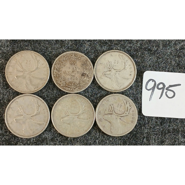 LOT OF 6 - 1918-1964 CDN 25 CENT COINS