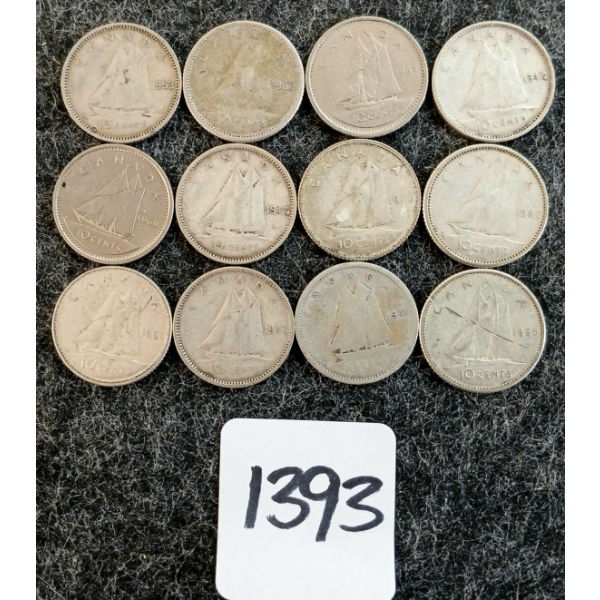 LOT OF 12 - 1941-1969 CDN 10 CENT COINS