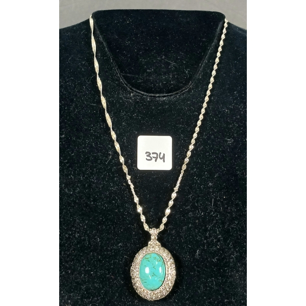 TURQUOISE & SILVER TONE LOCKET PENDANT NECKLACE 