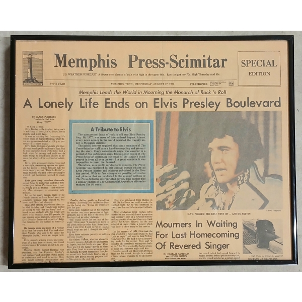 1977 "A LONELY LIFE ENDS ON ELVIS PRESLEY BOULEVARD" - FRAMED MEMPHIS PRESS-SCIMITAR ARTICLE