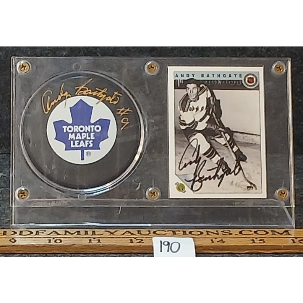 1992 UTC NHL TORONTO MAPLE LEAFS ANDY BATHGATE HOCKEY CARD & PUCK - AUTOGRAOHED