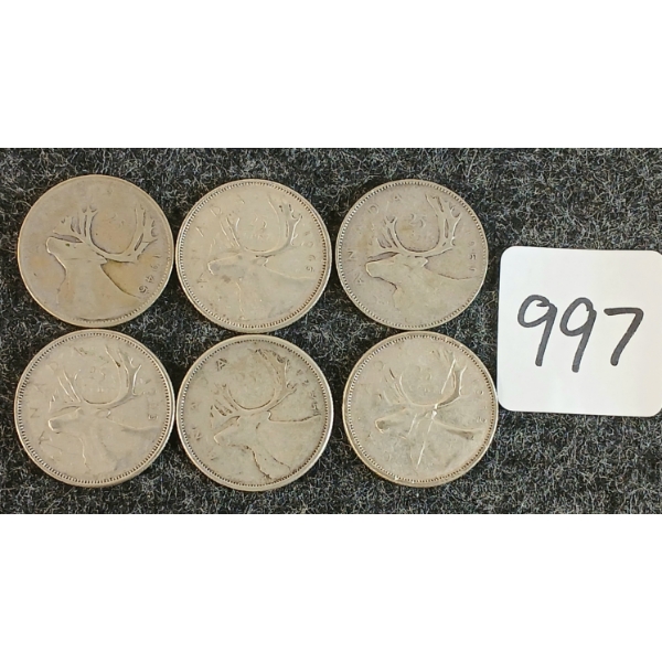 LOT OF 6 - 1945-1965 CDN 25 CENT COINS