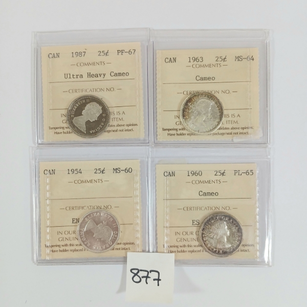 LOT OF 4 - CDN 25 CENT PCS - INCL 1954 & 1963 - ICCS GRADED