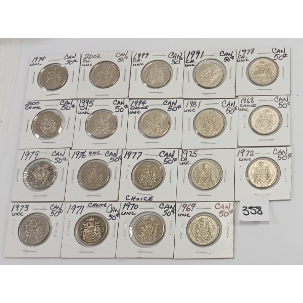 LOT OF 15 - CDN 50 CENT PCS - INCL 1968-1979, 1981 & 1991 ETC