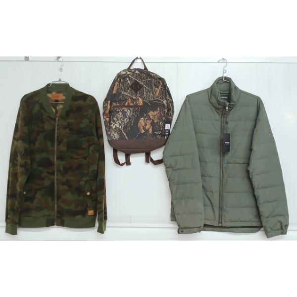 LOT OF 3 - MEN'S MINIMUM BOYD SWEATER, DECATO JACKET & BRIXTON CARSON BACKPACK - FT CAMO