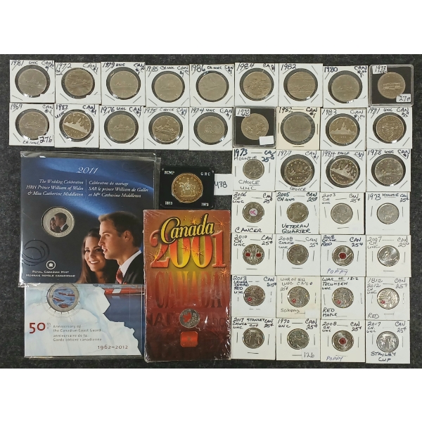 QTY OF 1969-2017 CDN 25 CENT & DOLLARS - INCL WEDDING CELEBRATION, ANN. OF THE COAST GUARD, ETC