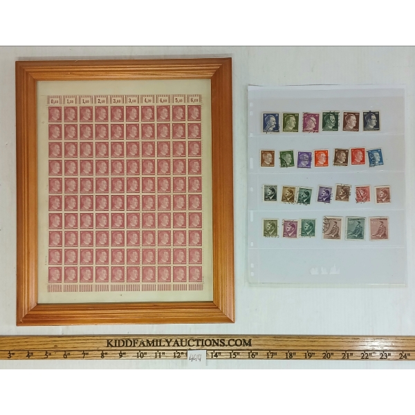 LOT OF 27 - FRAMED SHEET OF HITLER HEAD STAMPS & LOOSE STAMPS
