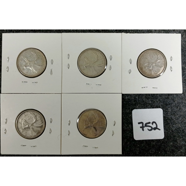 LOT OF 5 - 1962-1965 CDN SILVER 25 CENT COINS 