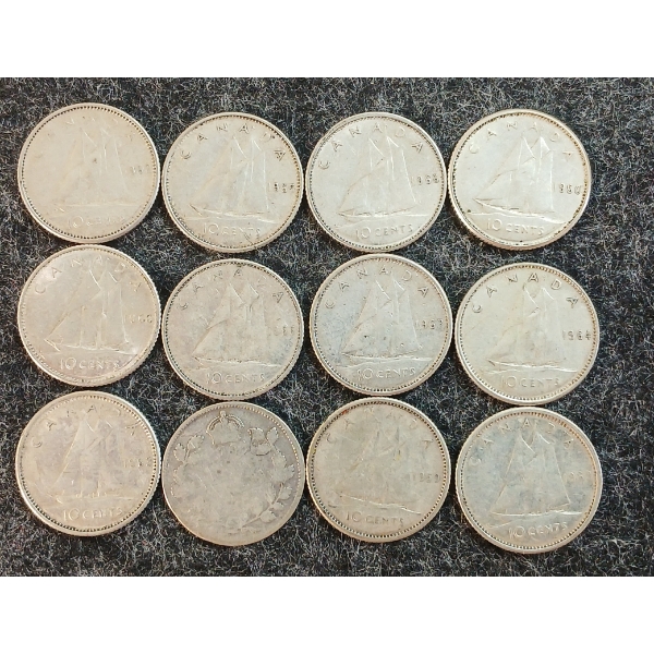LOT OF 12 - 1959-1966 CDN 10 CENT COINS