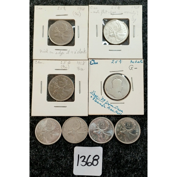 LOT OF 8 - 1909-1968 CDN 25 CENT COINS
