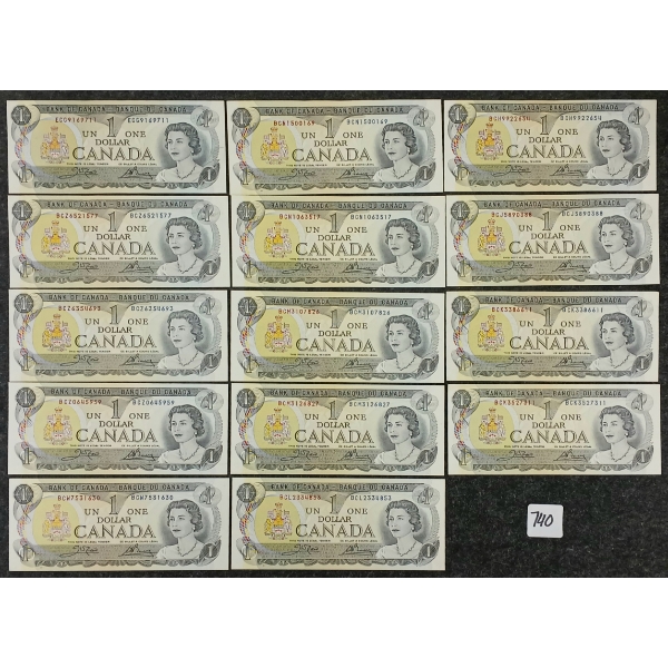 LOT OF 14 - 1973 CDN $1 BANKNOTES - UNCIRCULATED
