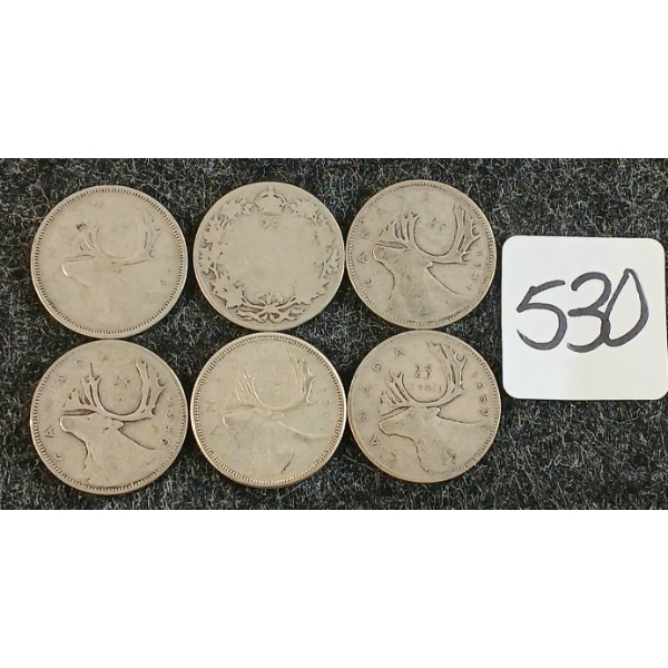 LOT OF 6 - 1941-1964 CDN 25 CENT COINS