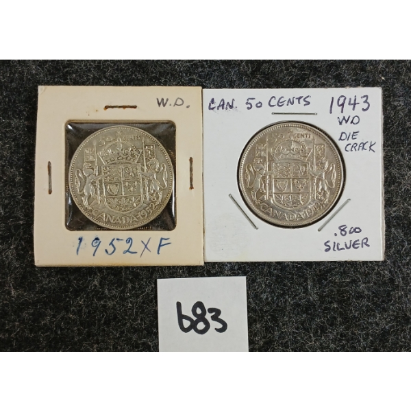 LOT OF 2 - 1943 & 1952 CDN 50 CENT SILVER COINS
