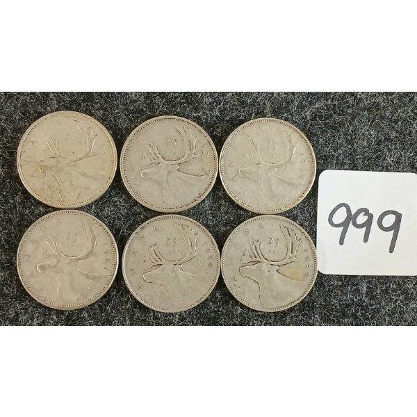 LOT OF 6 - 1947-1965 CDN 25 CENT COINS