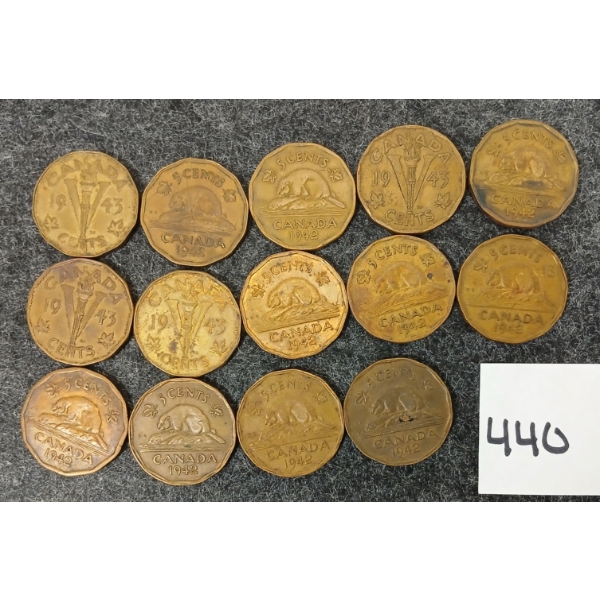 LOT OF 14 - 1942 & 1943 5 CENT TOMBACS