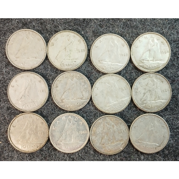 LOT OF 12 - 1968 CDN 10 CENT COINS