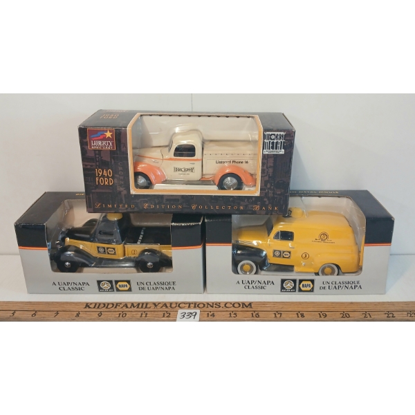 LOT OF 3 - LIBERY CLASSICS 1940 FORD, 1948 FORD & 1936 DODGE DIECAST COIN BANKS - IDEAL & NAPA