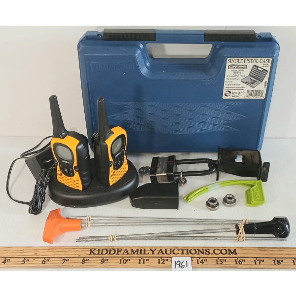 JOB LOT - GLOCK PISTOL MAG LOADER TOOL, CLEANING RODS, SMALL HARD CASE, RECHARGEABLE WALKIES, ETC