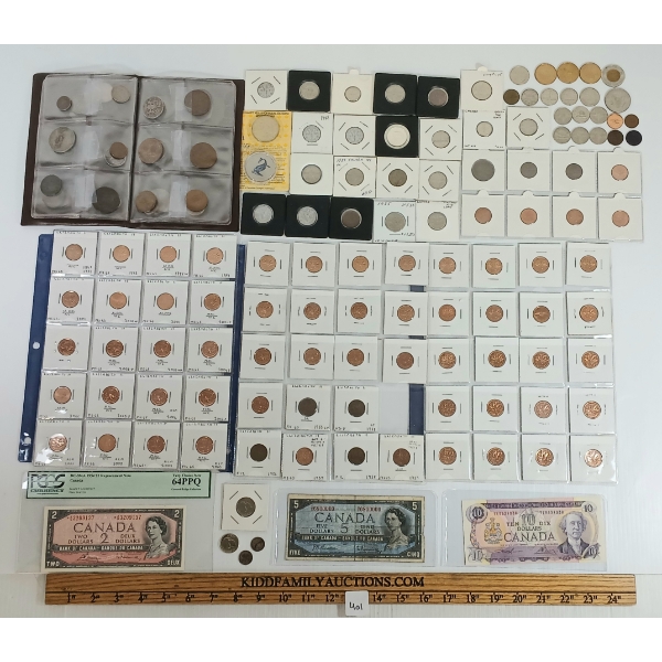 JOB LOT - MISC CDN COINS & BANKNOTES - INCL 1941 NEWFOUNDLAND 5 CENT COINS, ETC