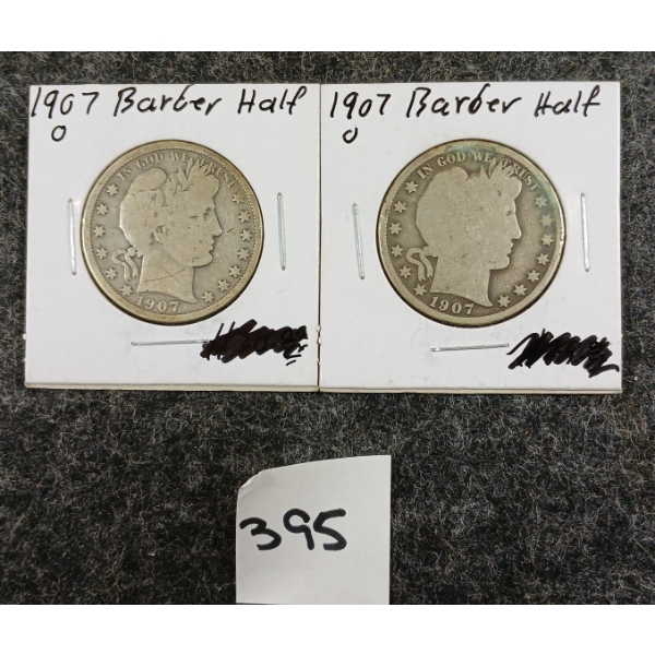 LOT OF 2 - 1907 U.S. SILVER HALF DOLLAR COINS