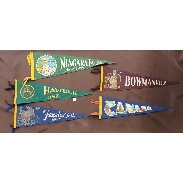 LOT OF 5 - PENNANT BANNERS - INCL BOWMANVILLE, COLLINGWOOD, HAVELOCK, ETC