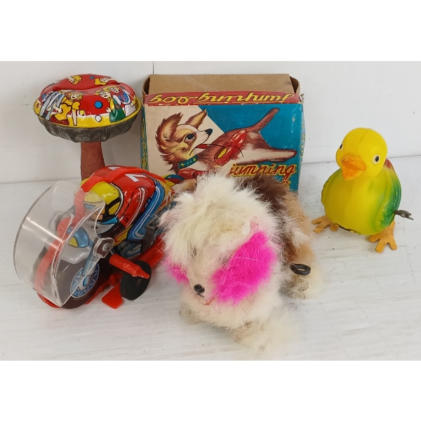 LOT OF 4 - TIN RATTLE & WIND UP TOYS - INCL JUMPING DOG, DUCK & BIKER