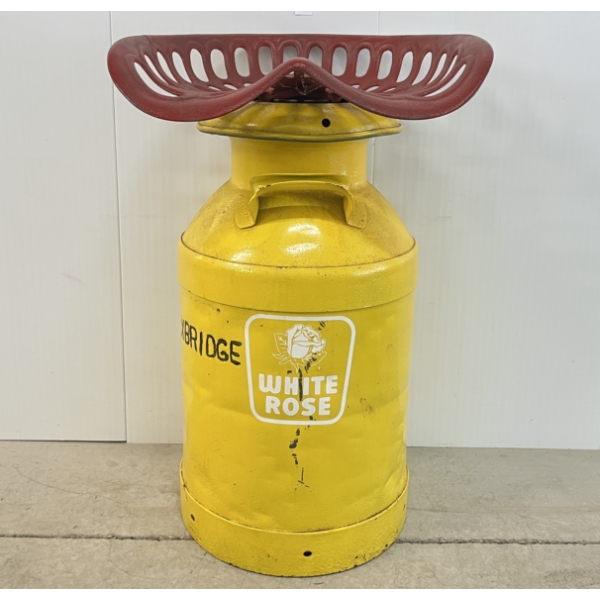 REPURPOSED MILK CAN W/ IMPLEMENT SEAT - WHITE ROSE FACE DECAL