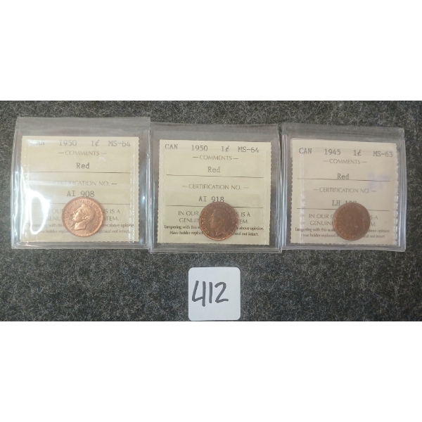 LOT OF 3 - 1945 & 1950 CDN 1 CENT COINS - ICCS GRADED
